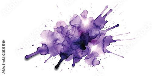 Purple and pink watercolor paint splash with artistic ink splatters