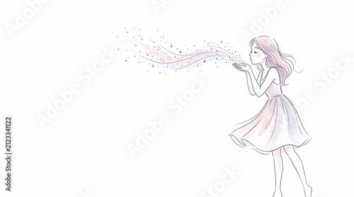 Girl blowing glitter into air with soft pastel colors in illustration  