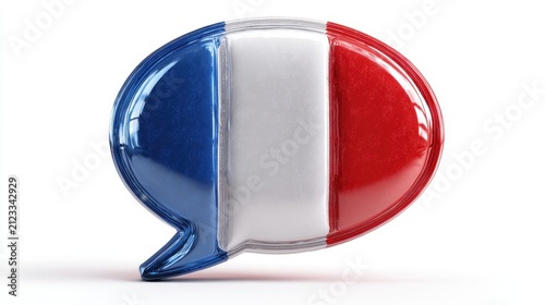 Glossy 3D speech bubble with French flag tricolor design on white background