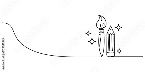 Continuous single line drawing of an artist paint brush and a wooden pencil with small decorative stars isolated on a white background Vector, illustration