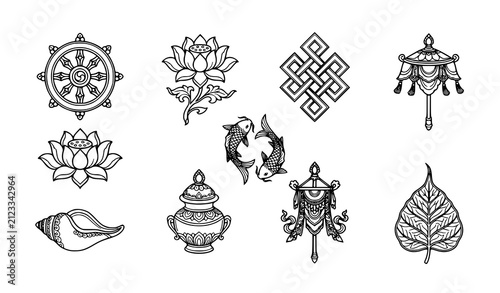 Fotografie Spiritual Buddhism line icons featuring elegant vector linear symbols for Dharma