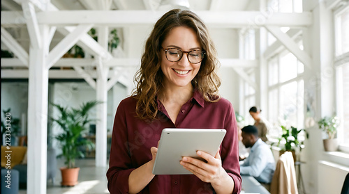 A professional woman smiling while using a digital tablet in a bright, modern office space
