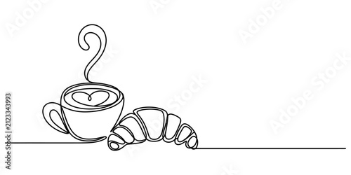 Canvastavla Continuous single line drawing of a hot coffee cup with latte art heart and a fr