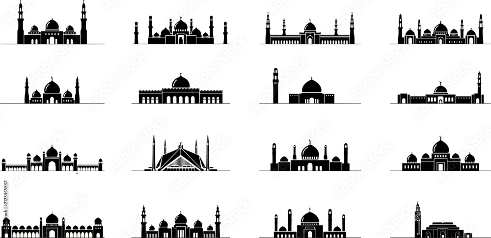 Fototapeta premium Islamic Mosque Building Silhouette Icon Set Featuring Famous Mosques with Domes and Minarets for Ramadan and Eid Mubarak Graphic Designs
