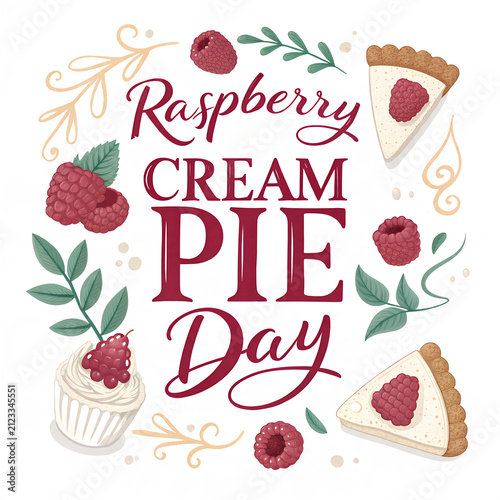 National raspberry cream pie day poster with dessert slice graphics.