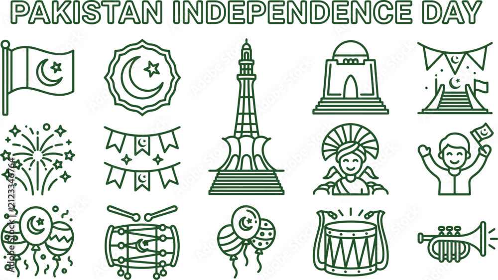 Fototapeta premium Pakistan independence day celebration icon set featuring national landmarks and cultural symbols illustrated on white background