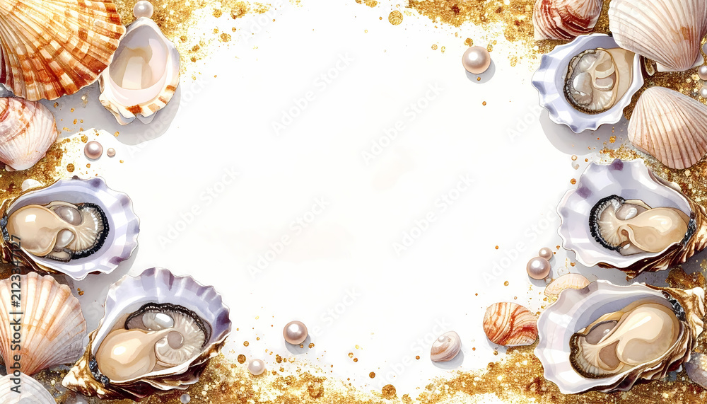 Obraz premium Elegant frame of fresh oysters, seashells, and pearls with gold glitter accents on a white background for a luxury seafood menu or invitation.