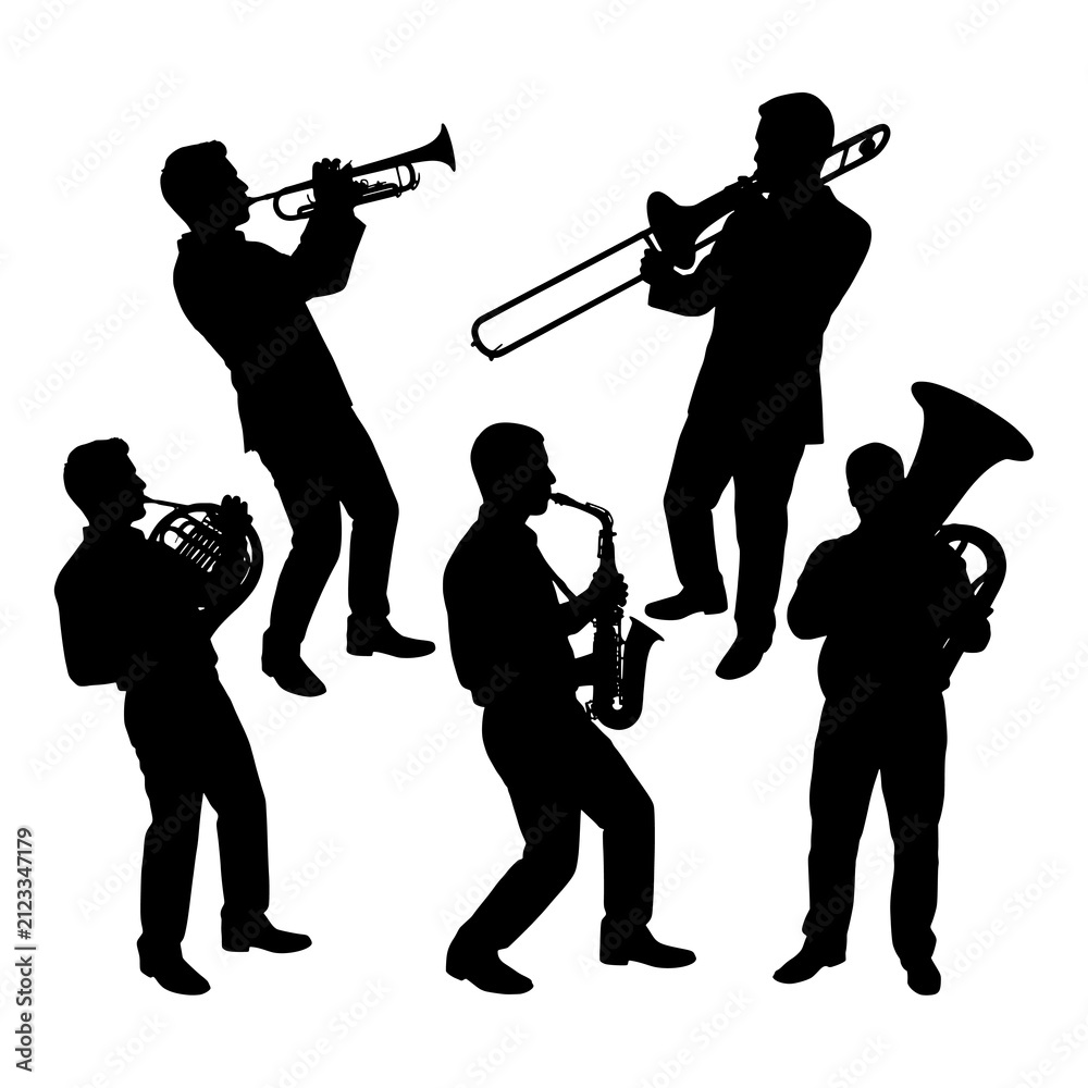 Naklejka premium Set of musicians playing wind instruments in silhouette vector illustration.