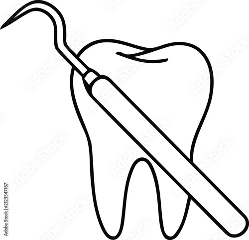 Foto Simple line art illustration of a human tooth and a dental scaler tool for oral