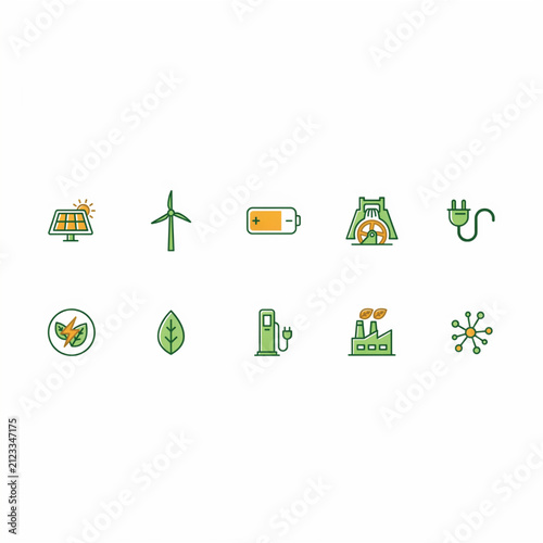 Set of green energy and eco-friendly icons representing sustainable power sources and environmental protection