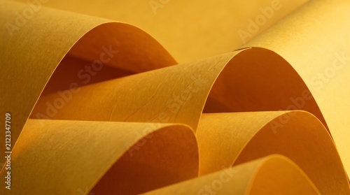Abstract waves of golden yellow paper sheets curving with abstract, background