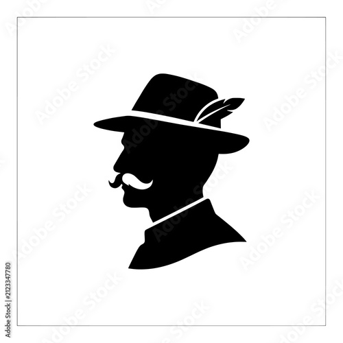 Silhouette of man wearing tyrolean hat and mustache in profile view.