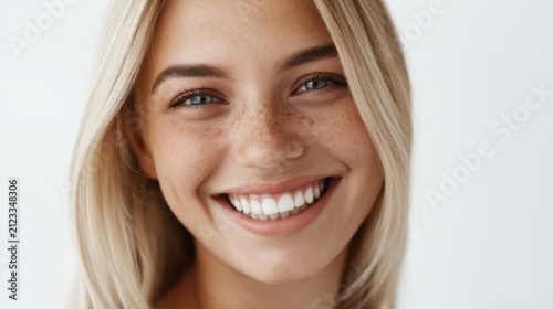 Closeup smiling young woman portrait with freckles and bright teeth for beauty and skincare banner design and lifestyle advertising