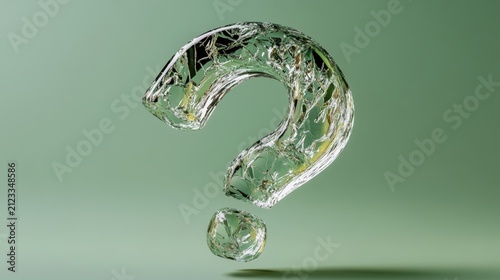 Transparent glass question mark on green background reflecting curiosity and inquiry