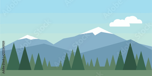 Flat design landscape illustration with snowy mountains and green pine forest trees