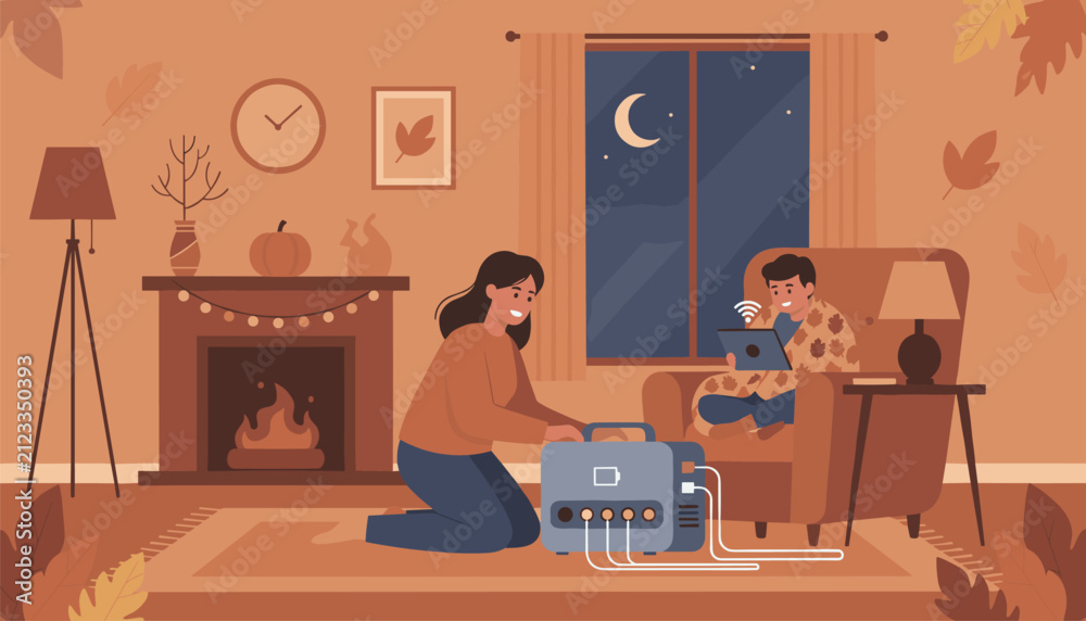 Fototapeta premium Woman uses a portable power station by a fireplace to charge devices while a child sits in a chair with a tablet during the autumn evening.