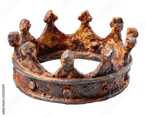 Rusty Crown Symbolizing Decay: An ancient, heavily rusted crown sits as a stark symbol of decline and the passage of time, its once-regal form now marred by corrosion and decay.