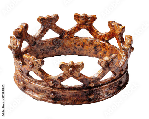 A Rusty Crown Symbolizing Decay: An antique, rusted crown sits isolated, its once-majestic form now weathered and worn, representing the passage of time and the decline of power.