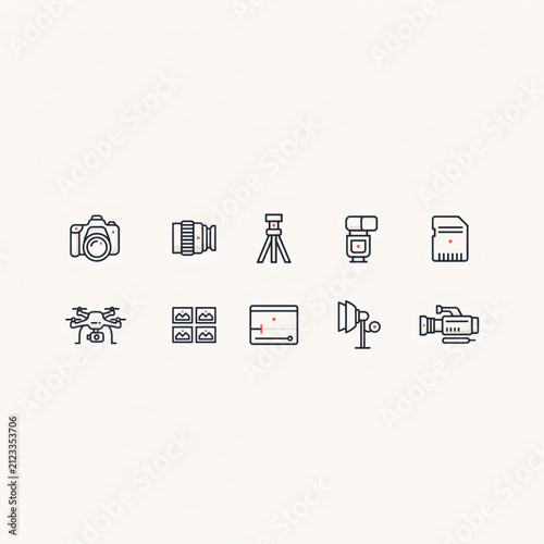 Set of modern photography and videography line art icons representing camera equipment, lenses, and digital editing tools