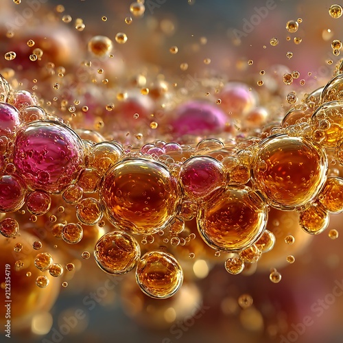 Macro view of colorful iridescent bubbles and liquid spheres close-up