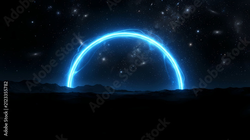 Blue neon arc rising over a dark horizon with deep black lower half. Glowing curved light shape perfect for futuristic tech, space, and sci-fi concepts