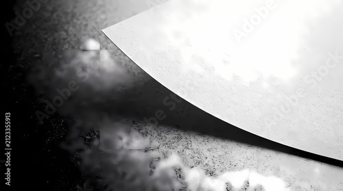 Black and white grainy gradient with curved paper shadow. Abstract monochrome noise texture. 3D render illustration