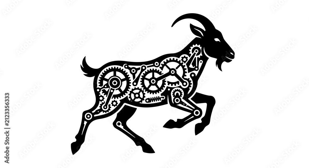 Fototapeta premium Steampunk Goat Silhouette Vector Illustration, Mechanical Running Goat with Internal Gears and Cogs, Industrial Robotic Ram Mascot Logo, Black and White Cybernetic Animal Icon Design