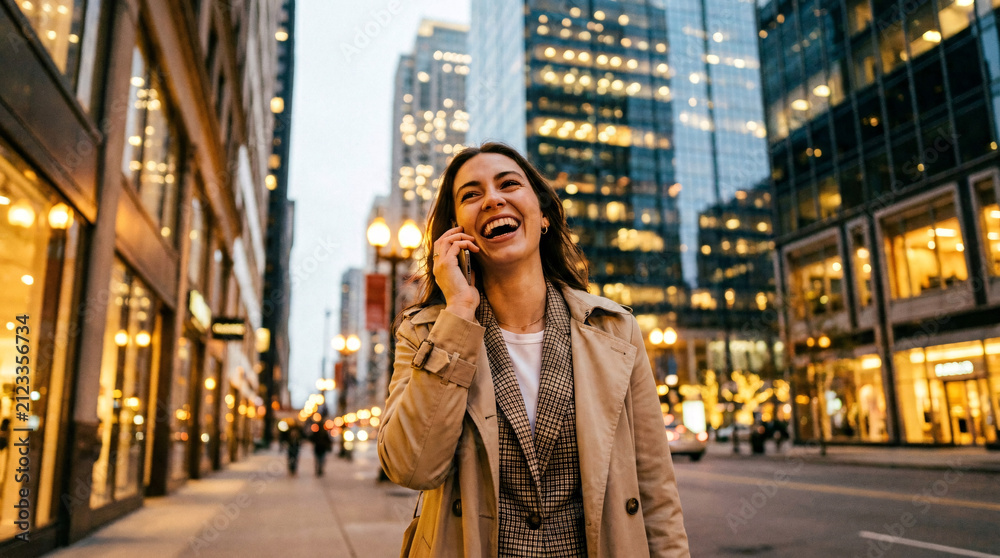 Fototapeta premium Smiling woman in trench coat talking on phone walking down city street at night, streetlights and illuminated buildings in background, urban life and communication