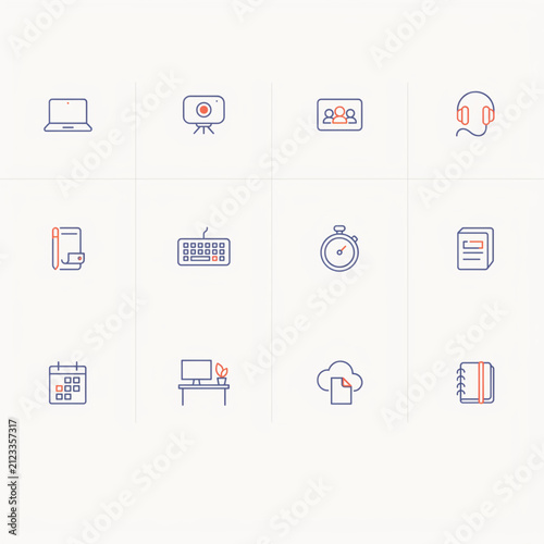 Streamlined vector icons for digital work and online communication, featuring essential technology tools, remote collaboration elements, and productivity symbols for modern business solutions