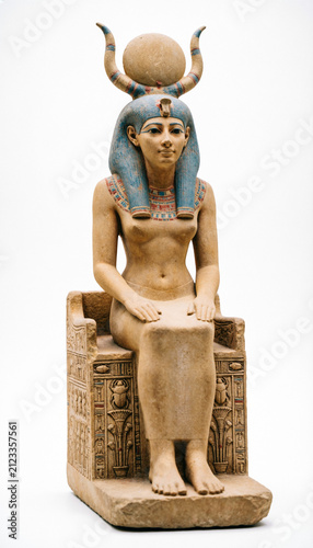 statue of the goddess Hathor seated on a richly decorated throne