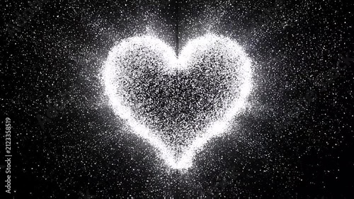 Luminous heart symbol formed by shimmering white particles floating against a dark black background