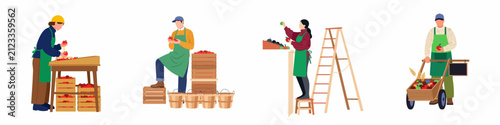 Canvastavla Set of flat vector illustrations featuring agricultural workers harvesting, sorting, and transporting fresh apples in wooden crates and carts