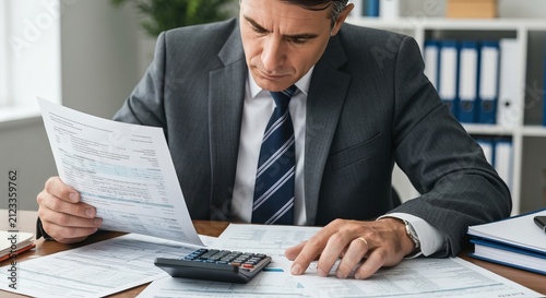 A Professional Male Financial Advisor Reviewing Tax Documents and Calculating Monthly Expenses