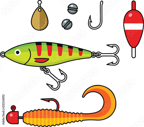 Konstfotografi Cartoon fishing tackle vector set featuring colorful hard lure, soft plastic grub, spinner, jig head, hook, sinkers, and float, isolated on a white background for angling and outdoor design