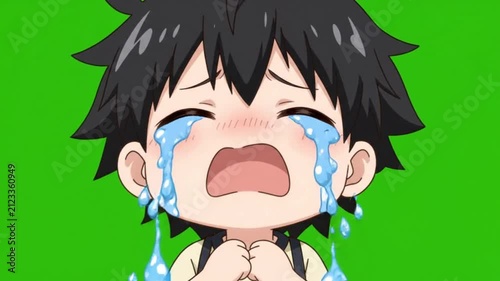 Cute Anime Boy Crying Out Loud with Stream of Tears on Green Screen. 4K Video
