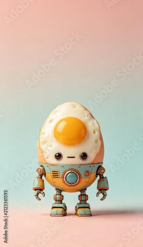 Tapety artystyczne Cute egg-shaped robot with fried egg head on pastel background