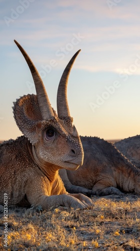 Horned pachyrhinosaurus resting at sunset on an arctic plain background for wildlife banner and nature design