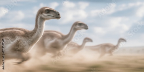 Gallimimus runners racing across a blurred floodplain background for prehistoric wallpaper and natural history poster