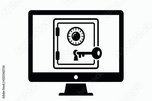 Foto Computer monitor displaying a safe with a key black silhouette on white backgrou
