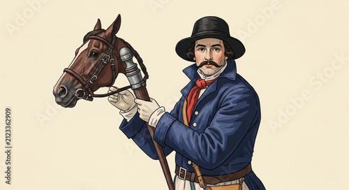 Canvastavla Historical Man Holding Hobby Horse Stick Illustration in Vintage Costume Isolate
