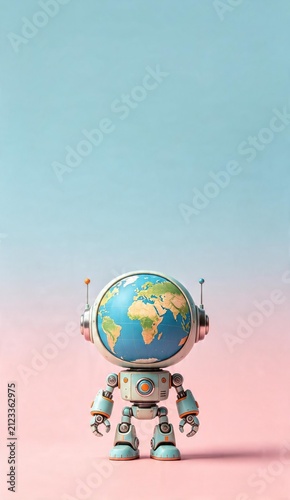 Cute robot with globe head against pastel background