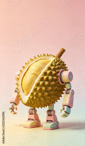 Whimsical durian fruit robot with pastel colors on gradient background