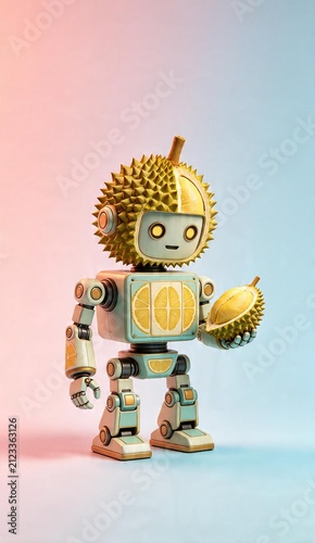 Cute robot with durian head holding fruit in colorful light
