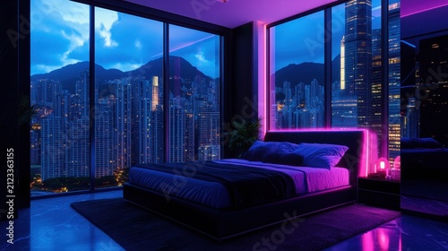 Queen bed with neon headboard overlooking urban skyline