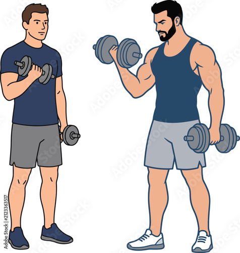 Картината върху платно Flat vector illustration of two men performing dumbbell bicep curl exercises, demonstrating proper and improper lifting form for strength training and fitness education