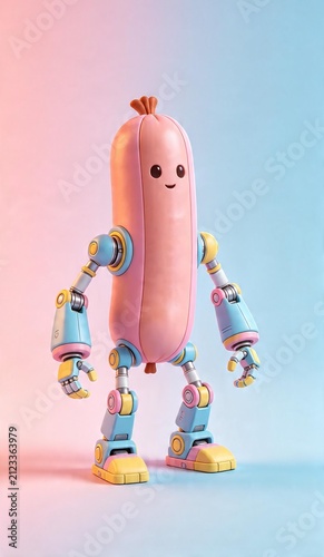 Cute robotic sausage character with colorful mechanical limbs