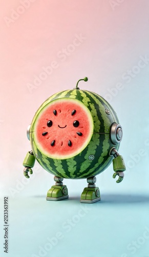 Cute watermelon robot character with a smiling face on gradient background