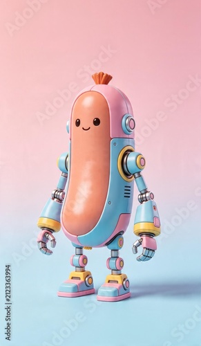 Cute cartoon sausage robot with a smiling face on pastel background