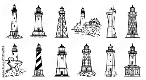 Set of various historical and modern lighthouse structures isolated on white background as black and white line art vector illustration
