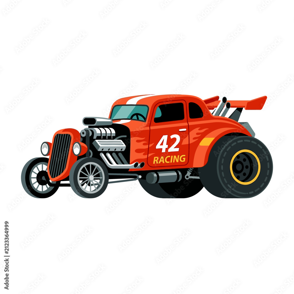 Fototapeta premium Vibrant Orange Hot Rod Car with Racing Number 42 - Vector Illustration